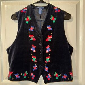 VTG 90s Karen Scott Women Christmas Velour Vest Large Black Stockings Bell